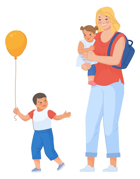 Vector happy mother with kids woman walking with boy and girl