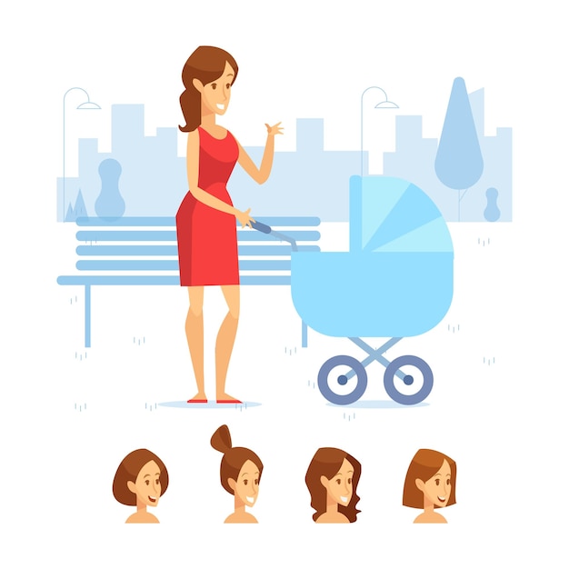 Vector happy mother with newborn in pram flat vector illustration. parents with children