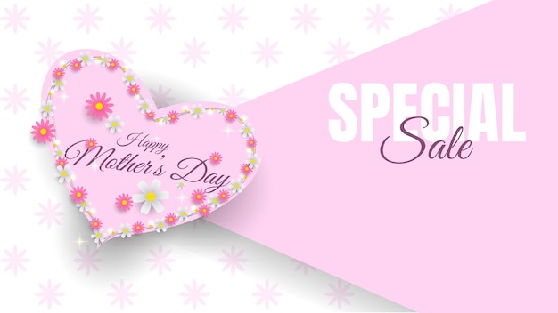 事業促進のためのピンクと白の色の花とハートの形をした幸せな母の日セールバナーデザイン