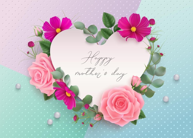 Happy mothers day background with pink roses purple cosmos flowers eucalypt leaves