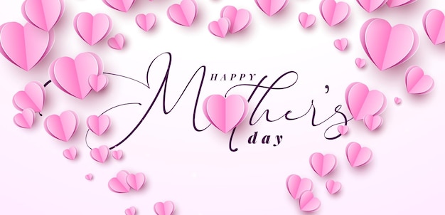 Vettore happy mothers day banner design con cuore volante e lettere tipografiche su sfondo rosa chiaro