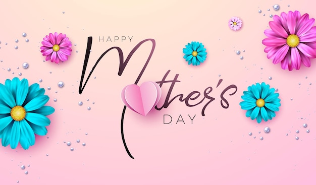 Vettore banner di happy mothers day con illustrazione di fiori di primavera e lettere tipografiche su sfondo rosa