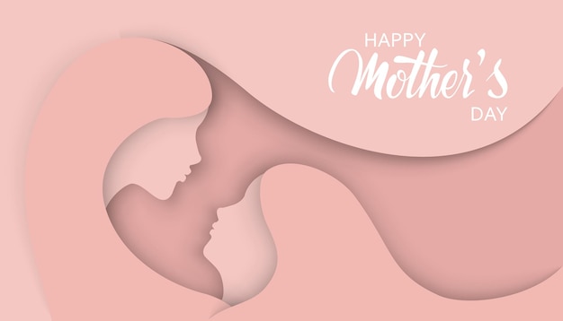 Happy Mothers Day banner Paper art background with Mother silhouette and her child