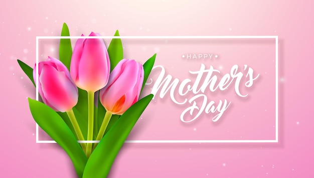 Happy Mothers Day Banner or Postcard with Spring Tulip Flower and Paper Heart on Violet Background