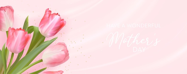 Happy Mothers Day banner Realistisch ontwerp met tulpenbloemen