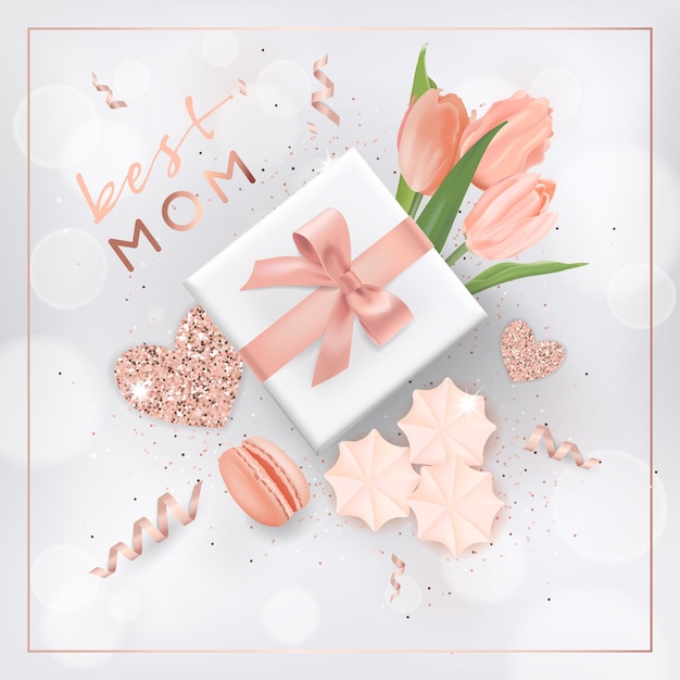 Vector happy mothers day banner with flowers. mother day design with golden glitter elements, gift box for greeting card, flyer, poster sale template. vector illustration