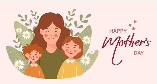 Happy Mothers Day banner Young woman mother with children son and daughter Flat illustration