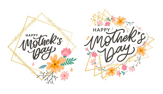 Happy Mothers Day belettering Handgemaakte kalligrafie vectorillustratie Moederdag kaart met bloemen