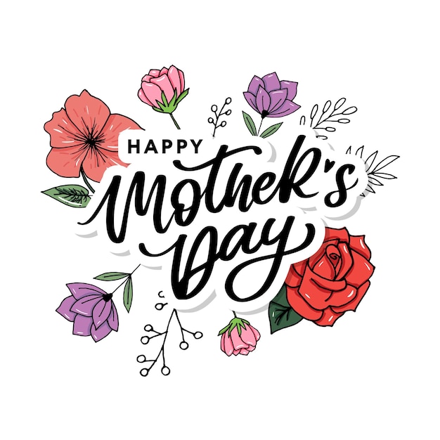 Happy Mothers Day belettering Handgemaakte kalligrafie vectorillustratie Moederdag kaart met bloemen