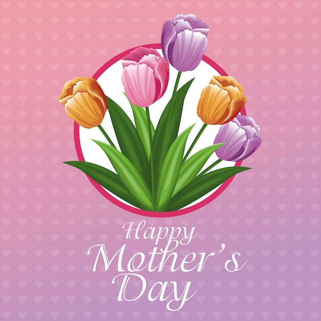 Happy mothers day card tulips and hearts background 