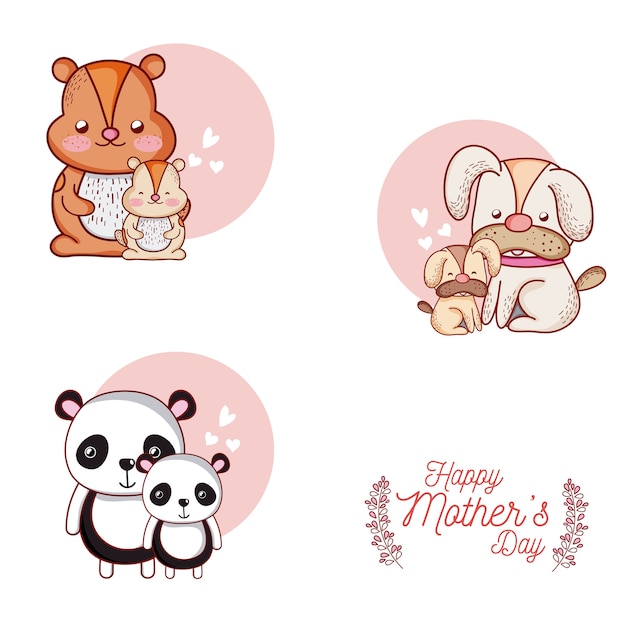 Vector happy mothers day card with cute animals cartoons