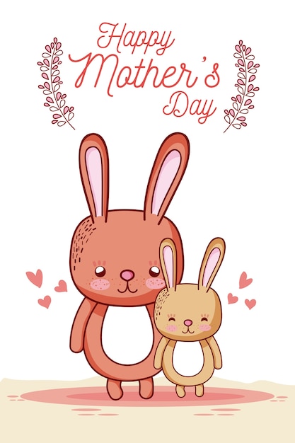 Vettore scheda di giorno di madri felice con cartoni animati di conigli carini