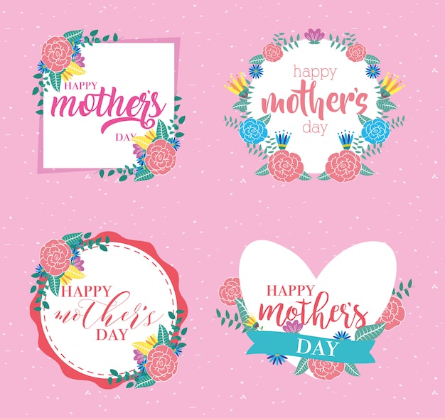 Happy mothers day card with flowers set frames 