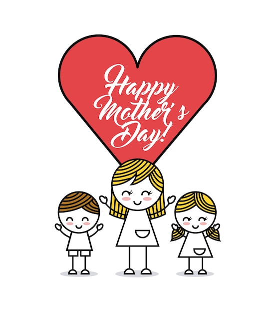 happy Mothers day card with girls and heart  icon