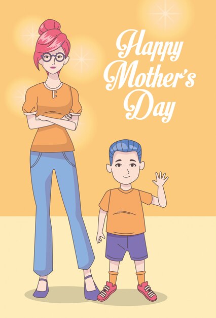 Vector happy mothers day card with mom and son