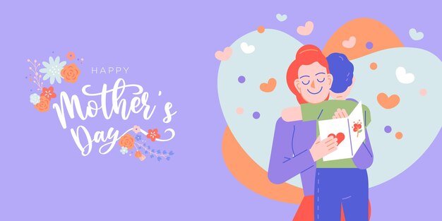 Happy mothers day celebration vector illustration Mom and child give hug flowers wreath decorative