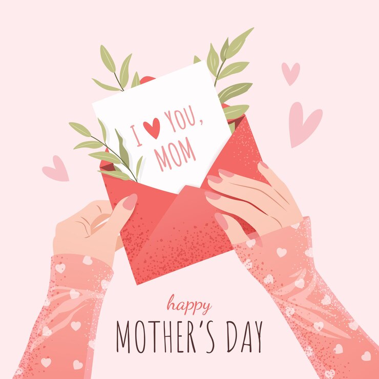 Happy Mothers Day concept Festive square greeting card or poster Female hands holding an envelope