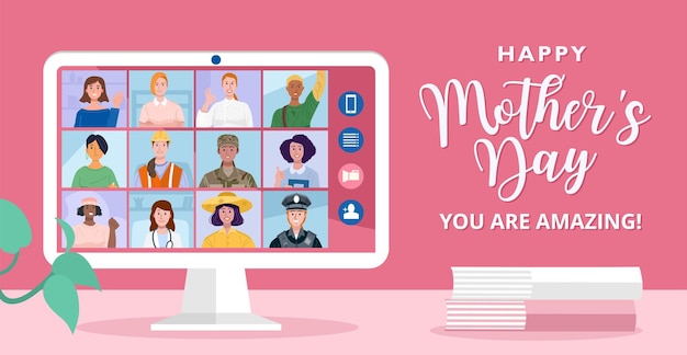 Happy mothers day concept online conferentie met verschillende vrouwen van verschillende beroepen