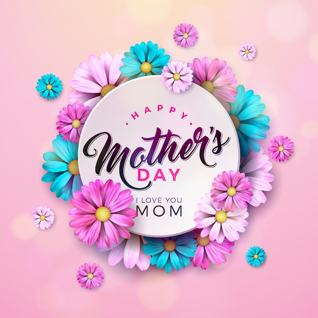 Vettore disegno di happy mothers day con fiore e lettera di tipografia