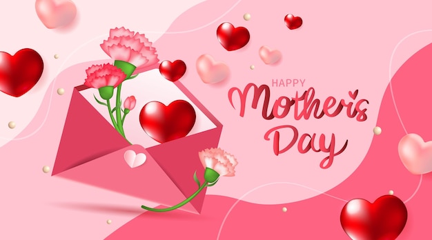 Happy Mothers Day envelope filled with hearts and carnation flowers Vector illustration