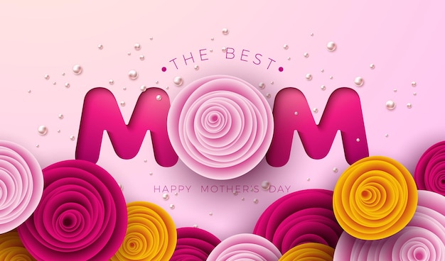 Happy Mothers Day Greeting Card Design with Colorful Rose Flower on Pink Background Vector Best Mom