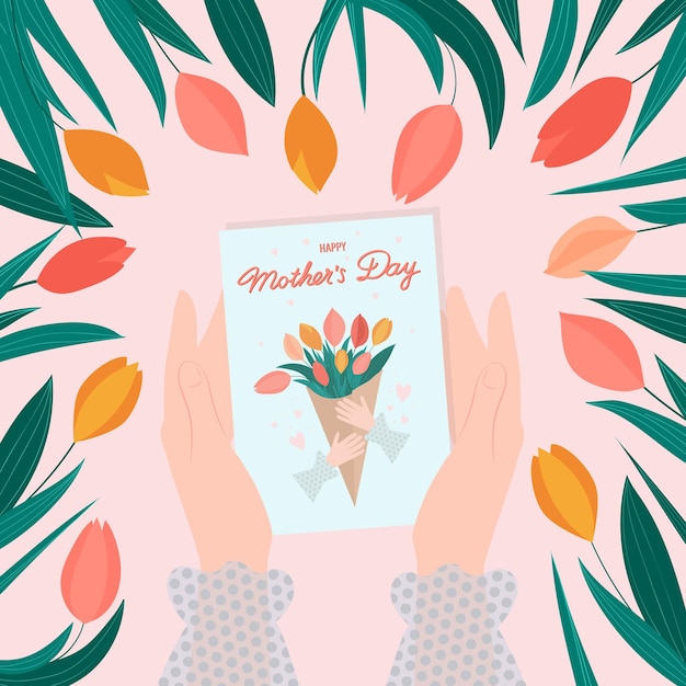 Vettore cartolina d'auguri di felice festa della mamma in mani femminili con i tulipani