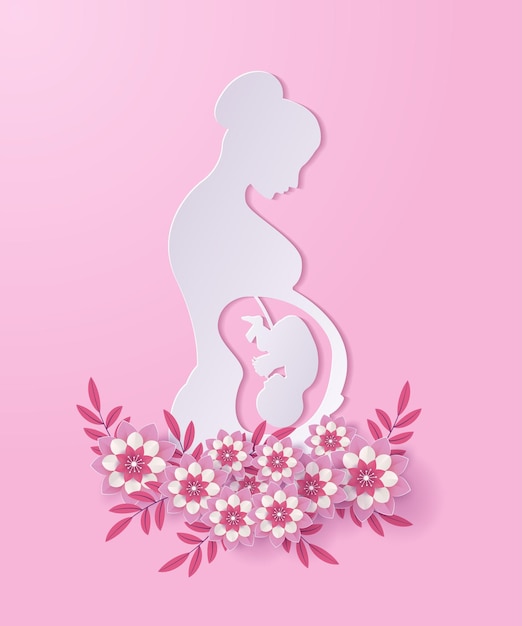 Поздравительная открытка на День матери с беременной мамой и ребенком на бумаге