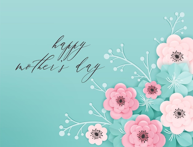 幸せな母の日ホリデーバナー。母の日グリーティングカードこんにちは春の切り絵花と花の要素のタイポグラフィポスター。ベクトルイラスト