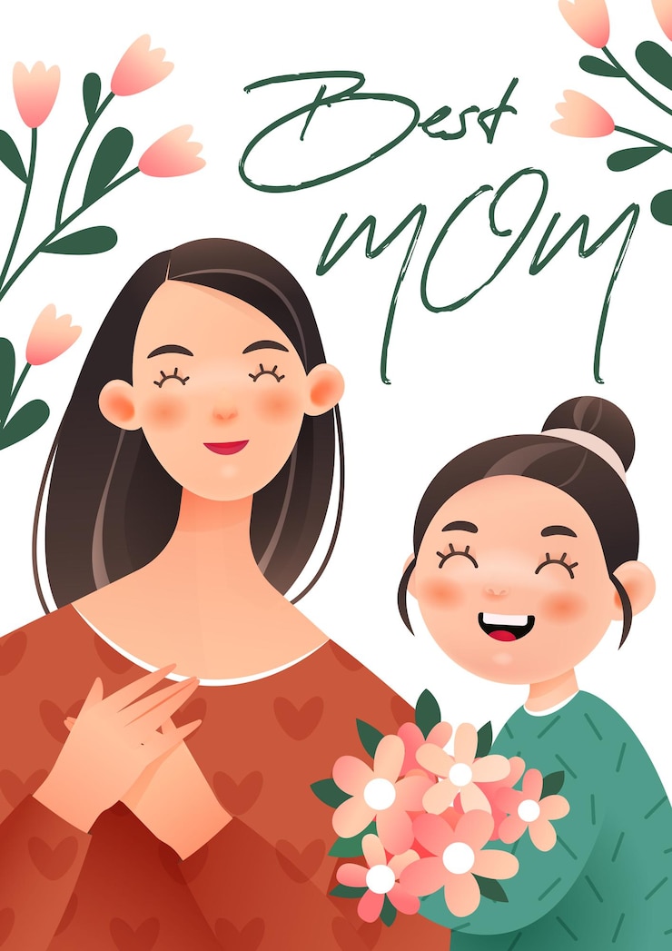 Vector 彼女の母親に花束を与える女の子の幸せな母の日のイラスト