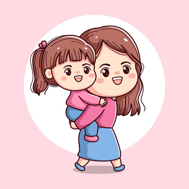 Vector happy mothers day illustration of mother and daughter kawaii chibi flat character