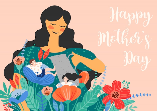 Happy mothers day.  illustration with women and children in flowers.