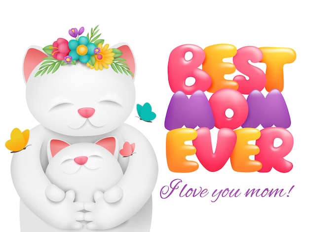 Happy Mothers Day kaart ontwerp. Beste moeder ooit titel. Witte kat schattig stripfiguur met kind