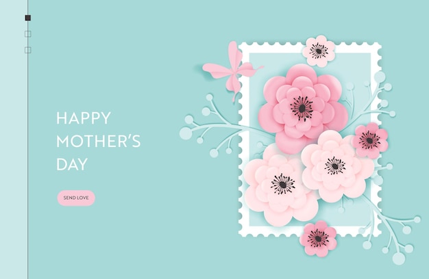 幸せな母の日ランディングページテンプレート。チラシ、パンフレット、ウェブサイトの春のセールのための紙切り花と母の日ホリデーウェブバナー。ベクトルイラスト