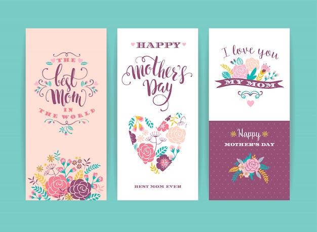 Vector happy mothers day lettering greeting cards with flowers