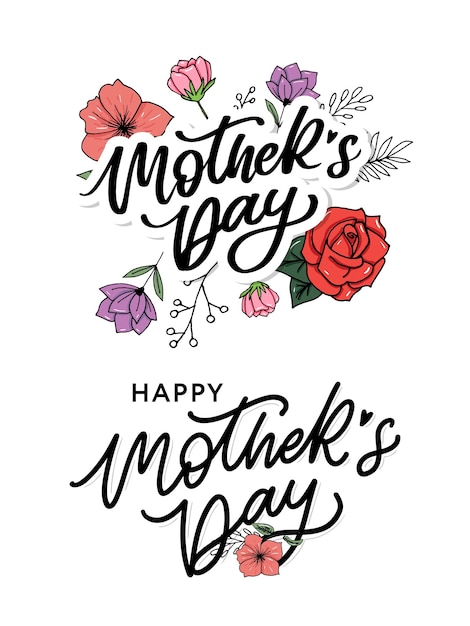 Vettore happy mothers day lettering calligrafia fatta a mano illustrazione vettoriale biglietto per la festa della mamma con fiori