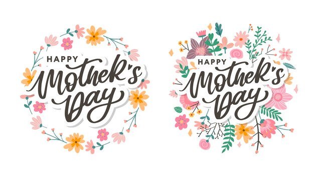 Happy Mothers Day lettering Handmade calligraphy vector illustration Mother's day card with flowers