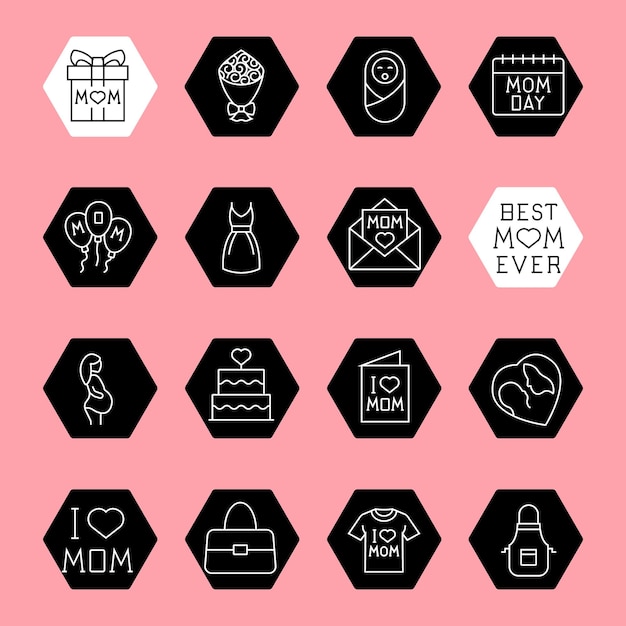 Vector happy mothers day line icon set black and white