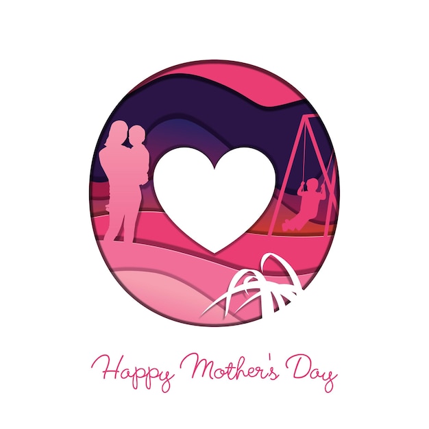 Happy Mothers Day Love Pink Frame Shape Heart in paper cut style Origami Hearts and Mother amp baby