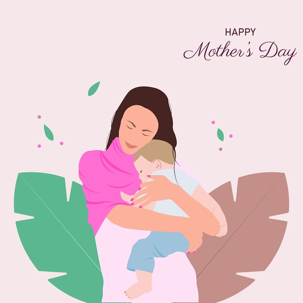 Happy Mothers Day Mom holding her little son in her armsVector illustration for Mother's Day