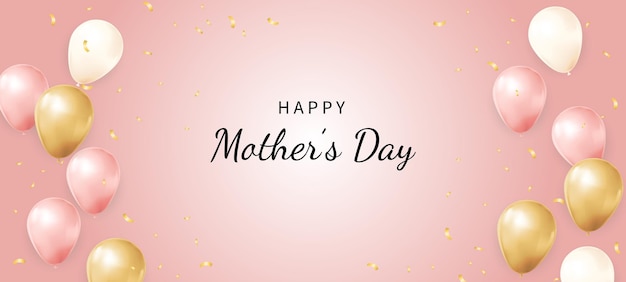 Happy Mothers day pink background with pink and gold balloons