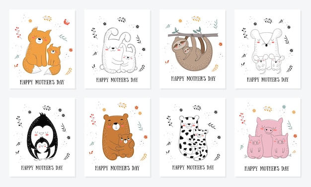 Коллекция открыток с днем матери векторные иллюстрации шаржа каракули мама кошка с ребенком