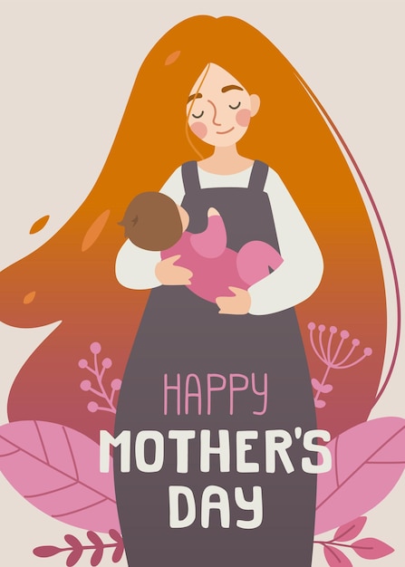Happy mothers day postcard young beautiful woman with long red hair holding her baby with tenderness