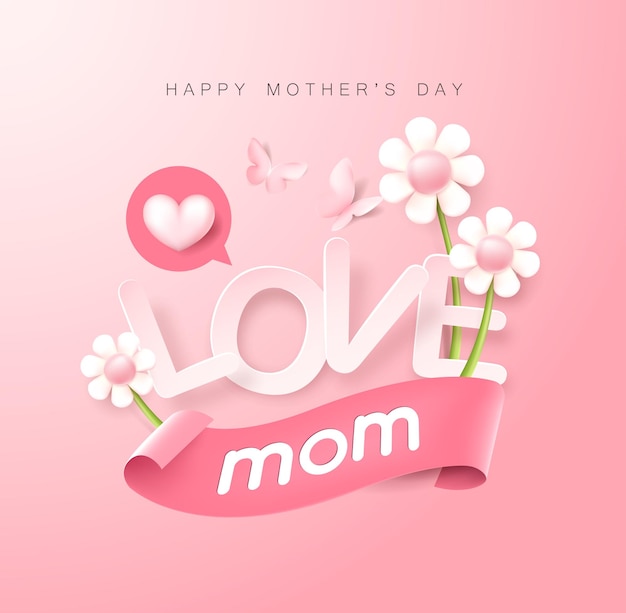 Vector happy mothers day poster banner background layout with heart shaped balloons and flower