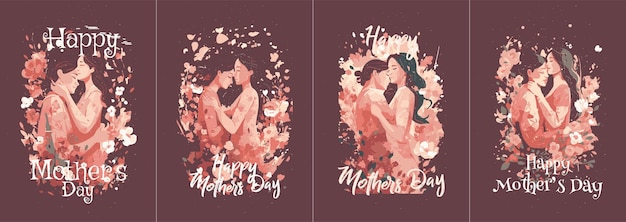 幸せな母の日ポスター美しい花に囲まれた子供にキスする母親のイラスト ピンクのベクトル水彩プレミアム水彩スタイルのベクター デザイン