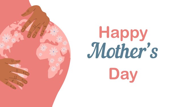 Happy mothers day poster pink world pregnant woman and concept art flat cartoon illustration