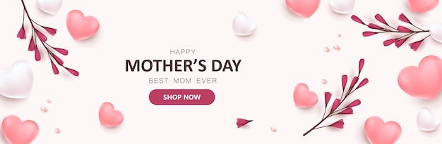 Счастливый день матери продвижение продажи баннер фон макет с воздушными шарами в форме сердца и цветком