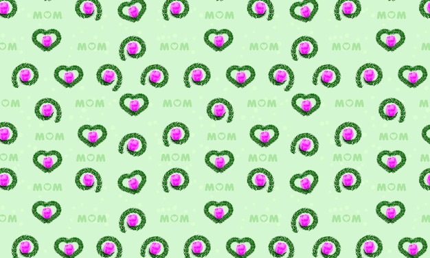 Vector happy mothers day seamless pattern design with hearts and floral elements on green background