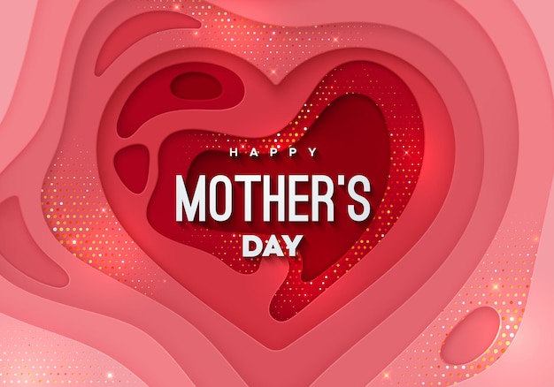 Happy mothers day sign on layered paper heart shape textured with golden glitters