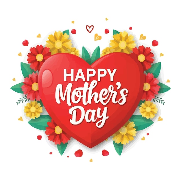 Happy mothers day sign with red ribbon heart and flowers