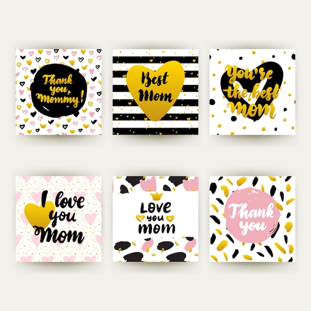 Happy Mothers Day Trendy Postcards. Vector Illustration of 80s Style Pattern Design with Handwritten Lettering.